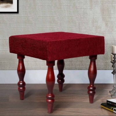 Lisbone Soild Wood Stool in Mossy Maroon Fabric & Walnut Finish Legs