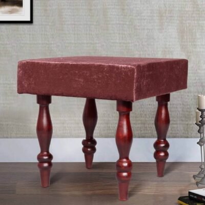 Lisbone Soild Wood Stool in Velvet Brown Fabric & Walnut Finish Legs