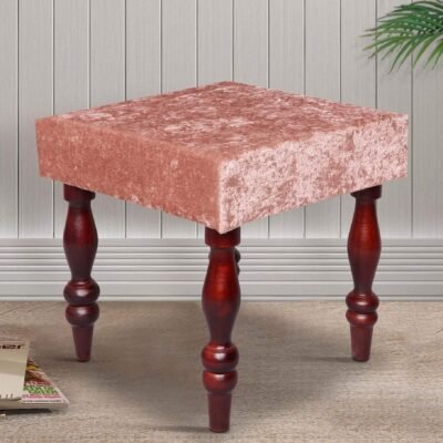Lisbone Soild Wood Stool in Velvet Cream Fabric & Walnut Finish Legs
