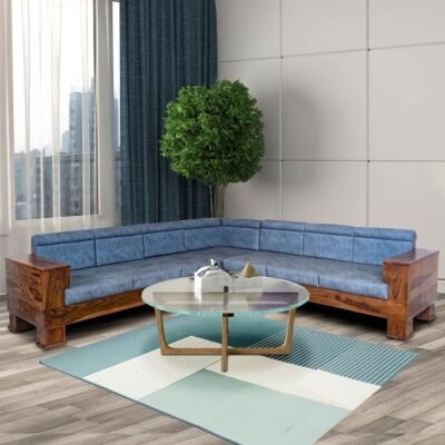 Austin L-Shape 7 Seater Rosewood Sofa in Blue Turkish Textured Fabric