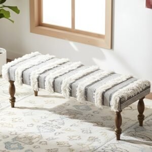 Ikiriya Cairo Sheesham Wood Accent 3 Seater Bench in Grey Fabric with Fringes