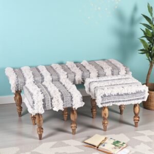 Ikiriya Cairo Sheesham Wood Accent 3+1+1 Seater Bench Set with 2 Stools in Grey Fabric with Fringes
