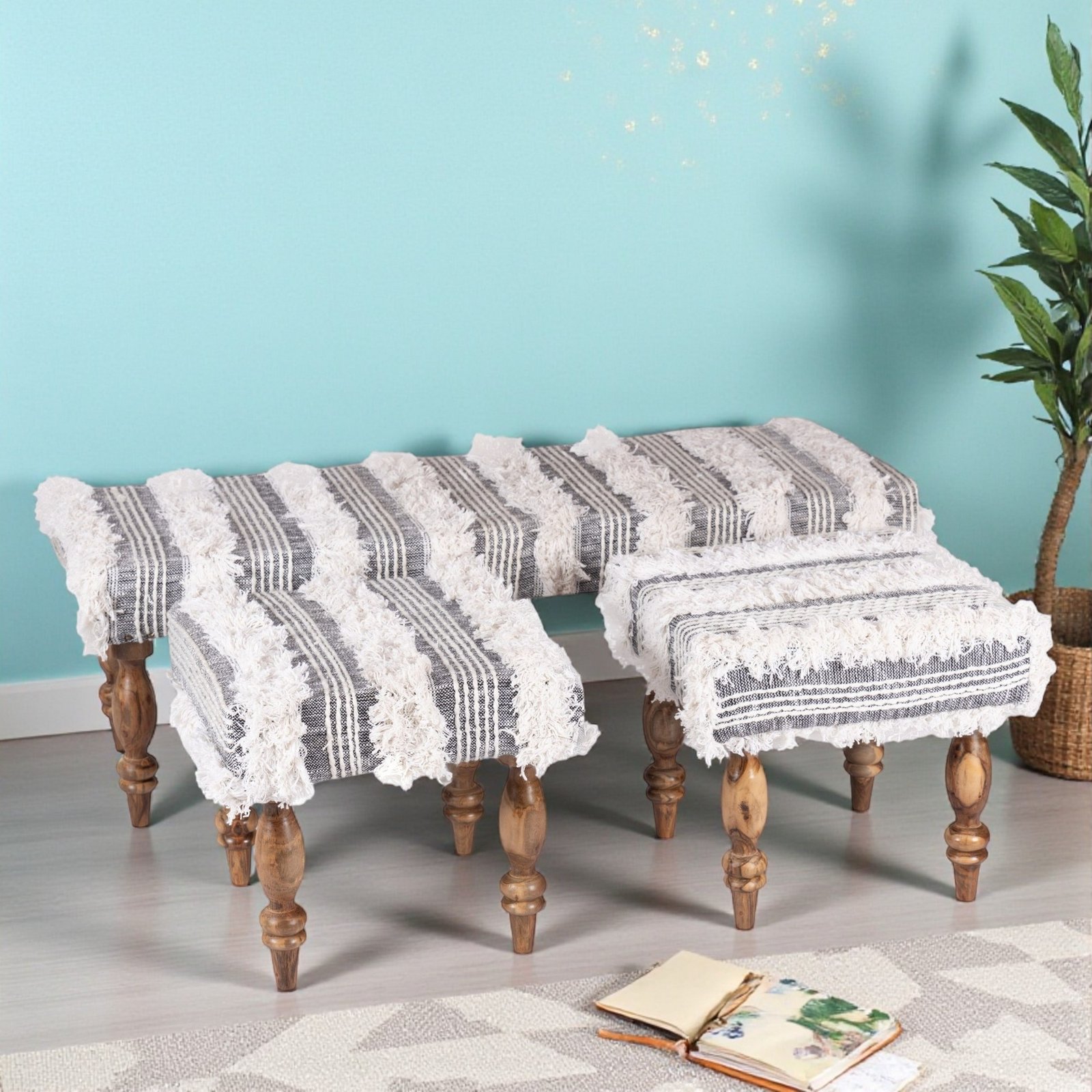 Ikiriya Cairo Sheesham Wood Accent 3+1+1 Seater Bench Set with 2 Stools in Grey Fabric with Fringes