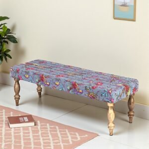 Ikiriya Cairo Sheesham Wood Mid Century 3 Seater Bench in Grey Brid Print Kantha