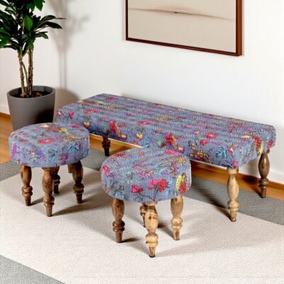 Ikiriya Cairo Sheesham Wood Mid Century 3+1+1 Seater Bench Set with 2 Stools in Grey Brid Print Kantha