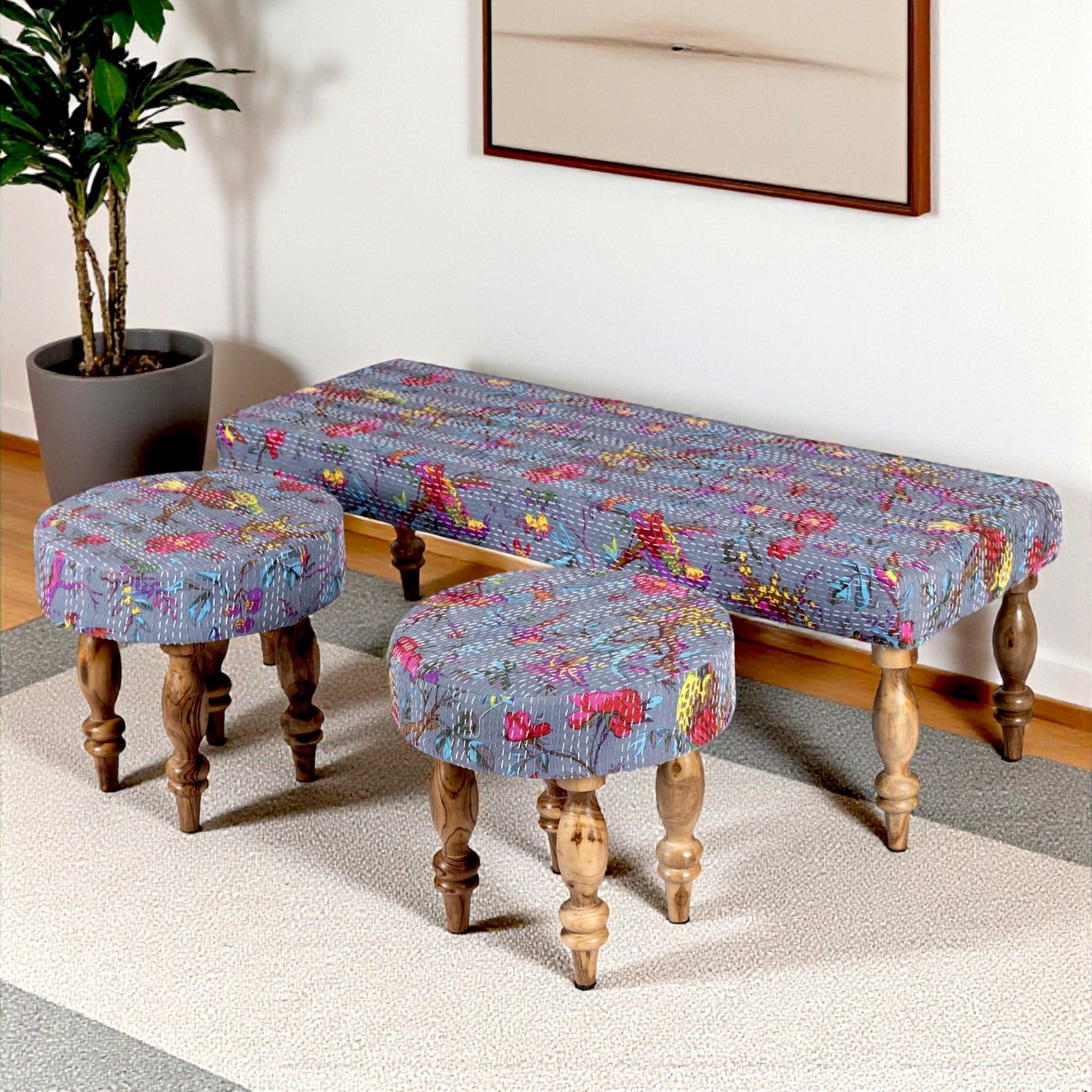 Ikiriya Cairo Sheesham Wood Mid Century 3+1+1 Seater Bench Set with 2 Stools in Grey Brid Print Kantha
