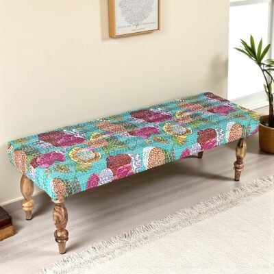 Ikiriya Cairo Sheesham Wood Mid Century 3 Seater Bench in Sea Green Fruit Print Kantha