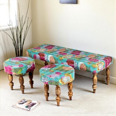 Ikiriya Cairo Sheesham Wood Mid Century 3+1+1 Seater Bench Set with 2 Stools in Sea Green Fruit Print Kantha