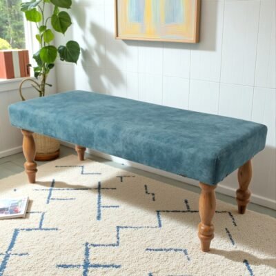 Ikiriya Cairo Sheesham Wood Accent 3 Seater Bench in Blue Jacquard Work Fabric