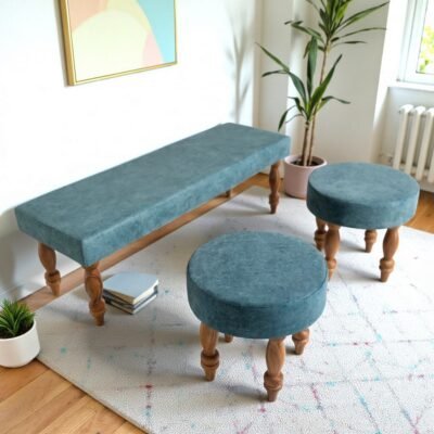 Ikiriya Cairo Sheesham Wood Accent 3+1+1 Seater Bench Set with 2 Stools in Blue Jacquard Work Fabric