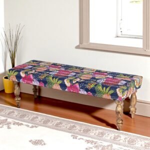 Ikiriya Cairo Sheesham Wood Mid Century 3 Seater Bench in Fruit Print Blue Kantha
