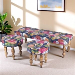 Ikiriya Cairo Sheesham Wood Mid Century 3+1+1 Seater Bench Set with 2 Stools in Fruit Print Blue Kantha