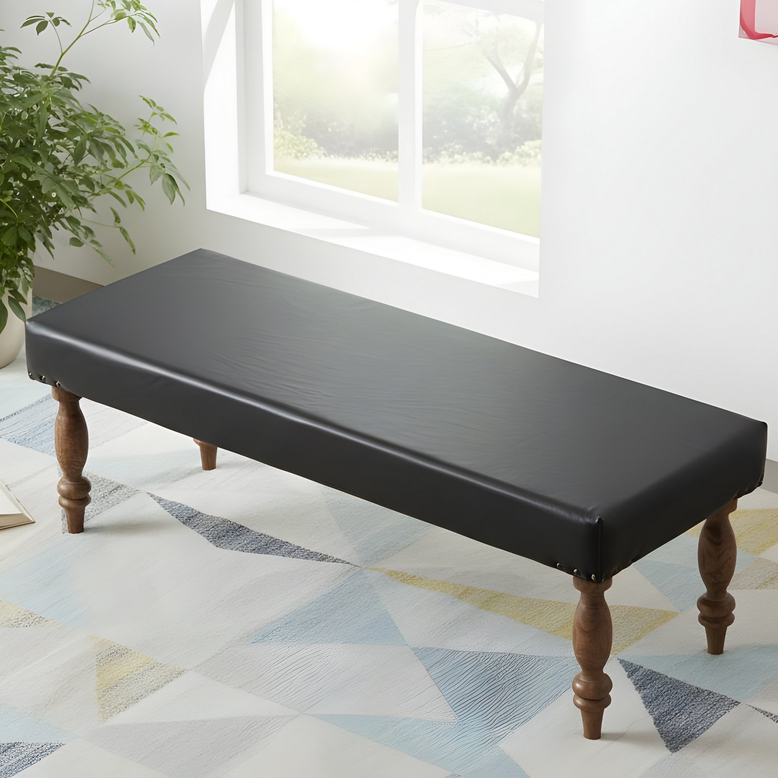 Ikiriya Cairo Sheesham Wood Accent 3 Seater Bench in Black Leatherite