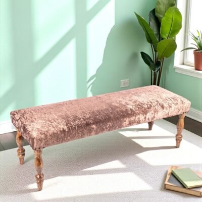 Ikiriya Cairo Sheesham Wood Accent 3 Seater Bench in Caramel Brown Sparkle Velvet