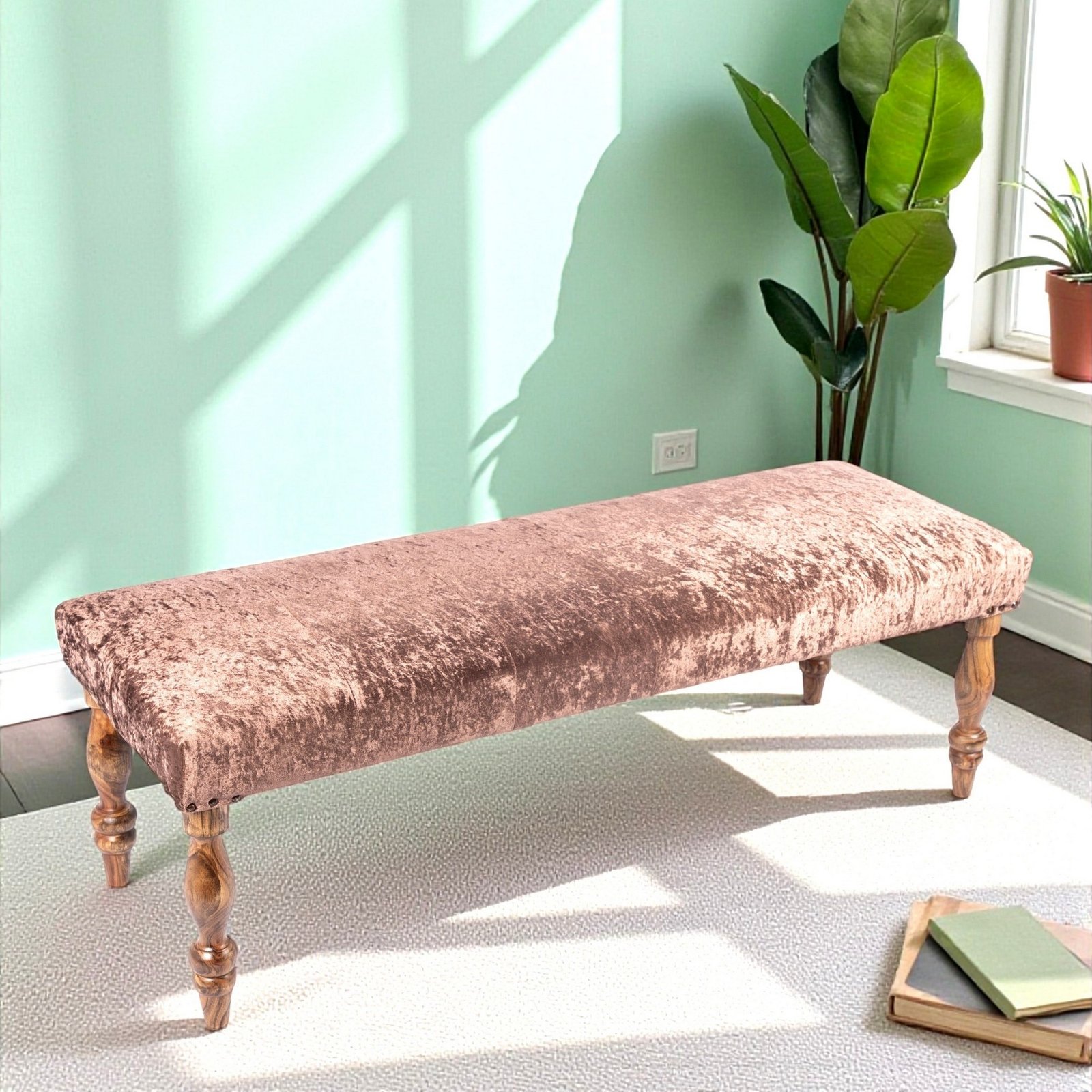 Ikiriya Cairo Sheesham Wood Accent 3 Seater Bench in Caramel Brown Sparkle Velvet