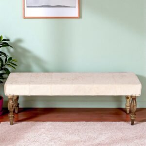 Ikiriya Cairo Sheesham Wood Accent 3 Seater Bench in Beige Sparkle Velvet