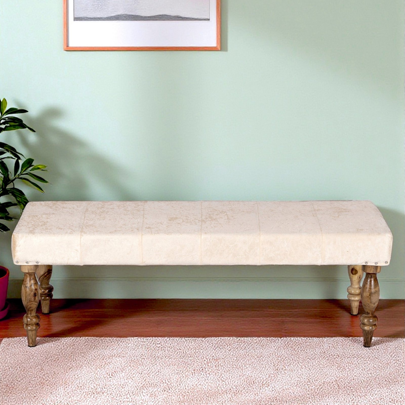 Ikiriya Cairo Sheesham Wood Accent 3 Seater Bench in Beige Sparkle Velvet