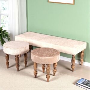 Ikiriya Cairo Sheesham Wood Accent 3+1+1 Seater Bench Set with 2 Stools in Beige Sparkle Velvet