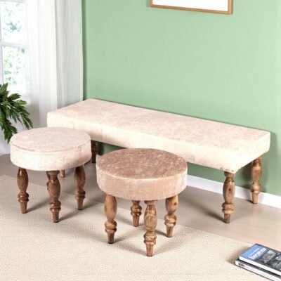 Ikiriya Cairo Sheesham Wood Accent 3+1+1 Seater Bench Set with 2 Stools in Beige Sparkle Velvet