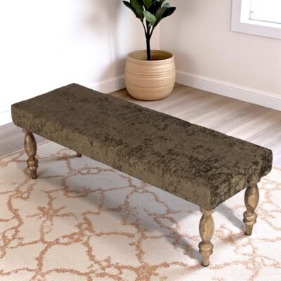 Ikiriya Cairo Sheesham Wood Accent 3 Seater Bench in Green Sparkle Velvet