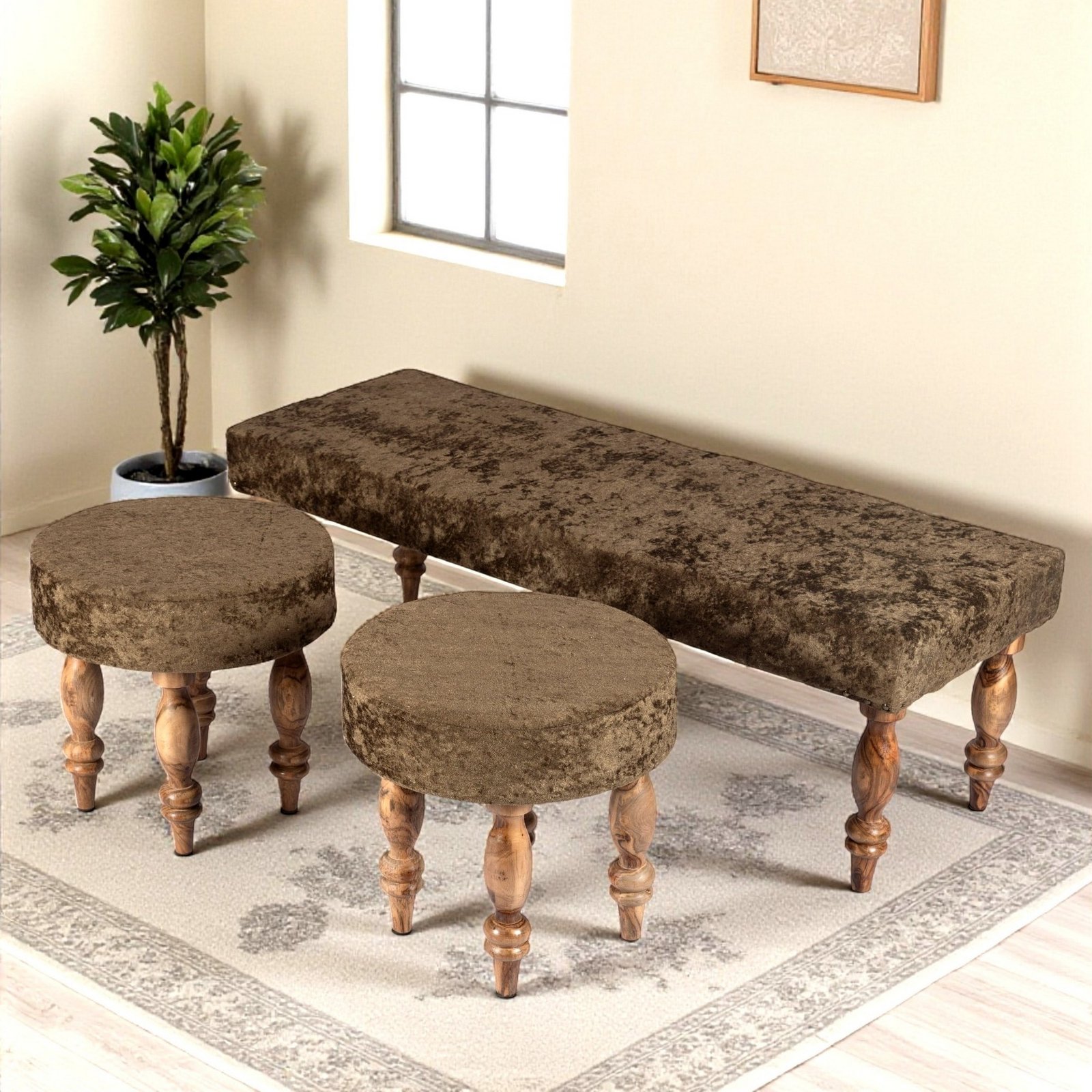 Ikiriya Cairo Sheesham Wood Accent 3+1+1 Seater Bench Set with 2 Stools in Green Sparkle Velvet