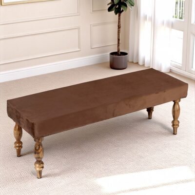 Ikiriya Cairo Sheesham Wood Accent 3 Seater Bench in Taupe Brown Velvet