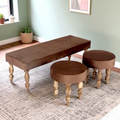 Ikiriya Cairo Sheesham Wood Accent 3+1+1 Seater Bench Set with 2 Stools in Taupe Brown Velvet