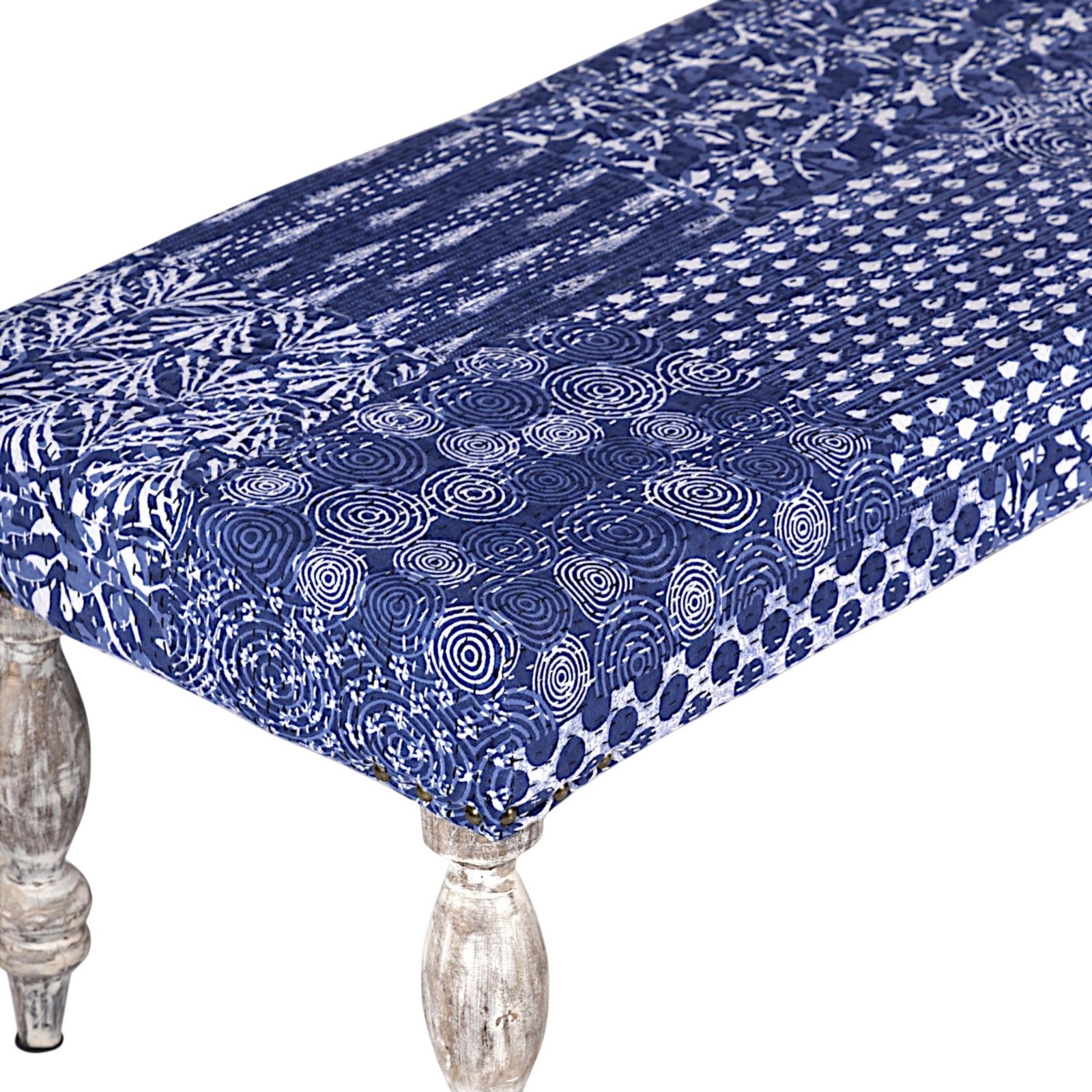Ikiriya Cairo Sheesham Wood Mid Century 3 Seater Bench in indigo Patchwork Kantha - Image 11