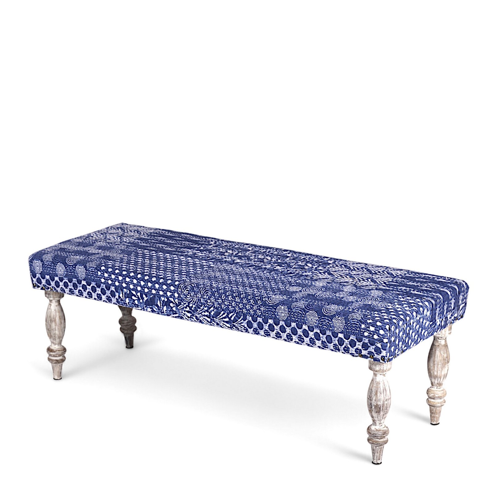 Ikiriya Cairo Sheesham Wood Mid Century 3 Seater Bench in indigo Patchwork Kantha - Image 12