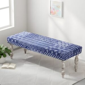Ikiriya Cairo Sheesham Wood Mid Century 3 Seater Bench in indigo Patchwork Kantha