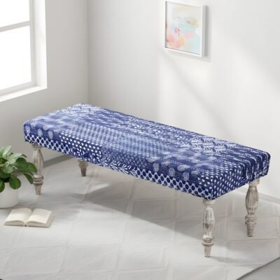 Ikiriya Cairo Sheesham Wood Mid Century 3 Seater Bench in indigo Patchwork Kantha