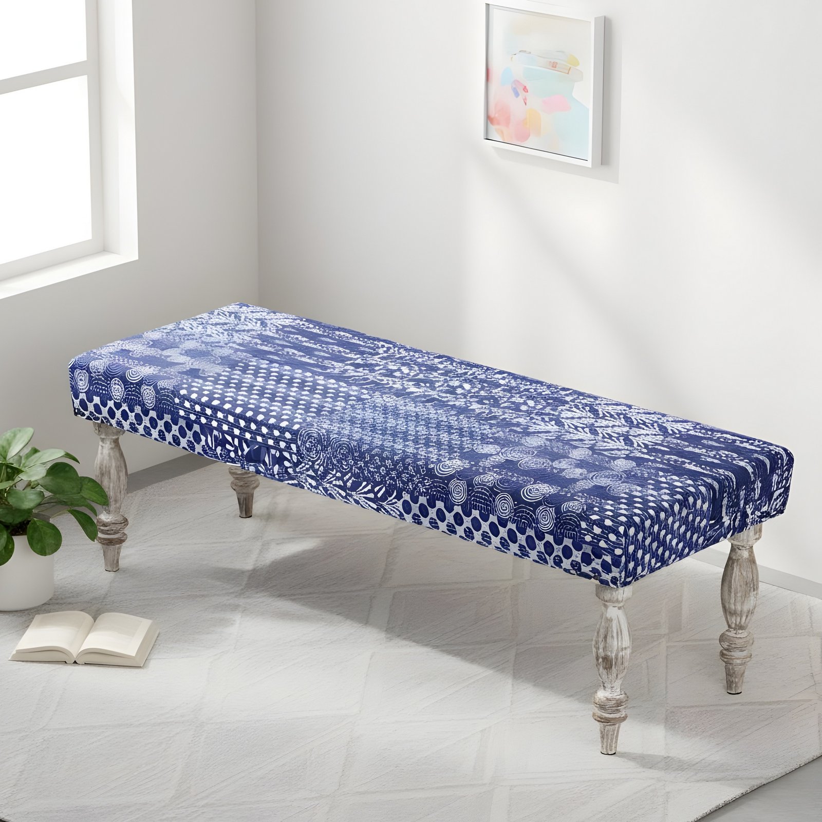 Ikiriya Cairo Sheesham Wood Mid Century 3 Seater Bench in indigo Patchwork Kantha