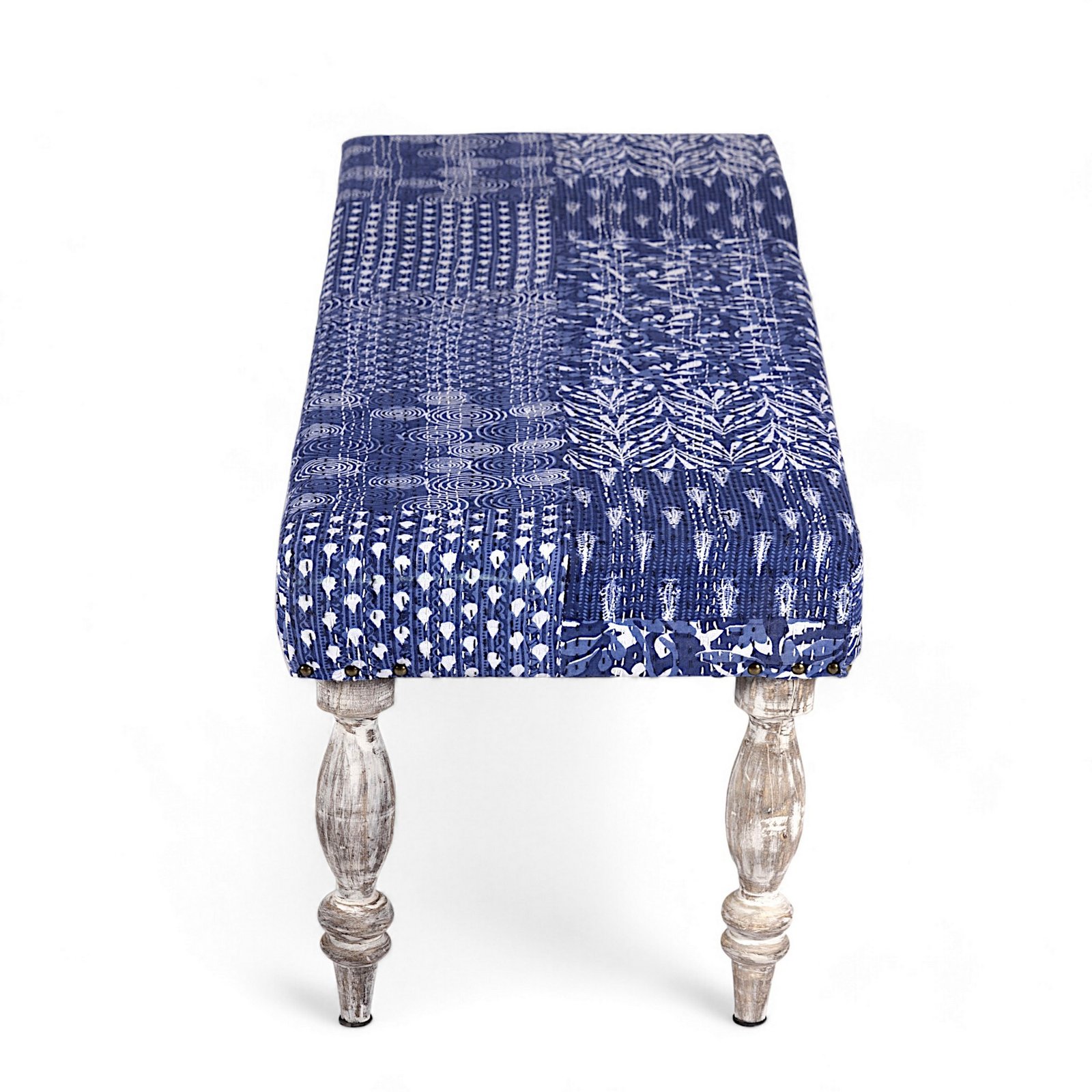 Ikiriya Cairo Sheesham Wood Mid Century 3 Seater Bench in indigo Patchwork Kantha - Image 3