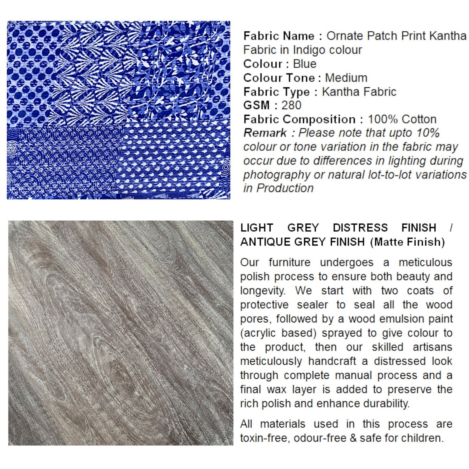 Ikiriya Cairo Sheesham Wood Mid Century 3 Seater Bench in indigo Patchwork Kantha - Image 5