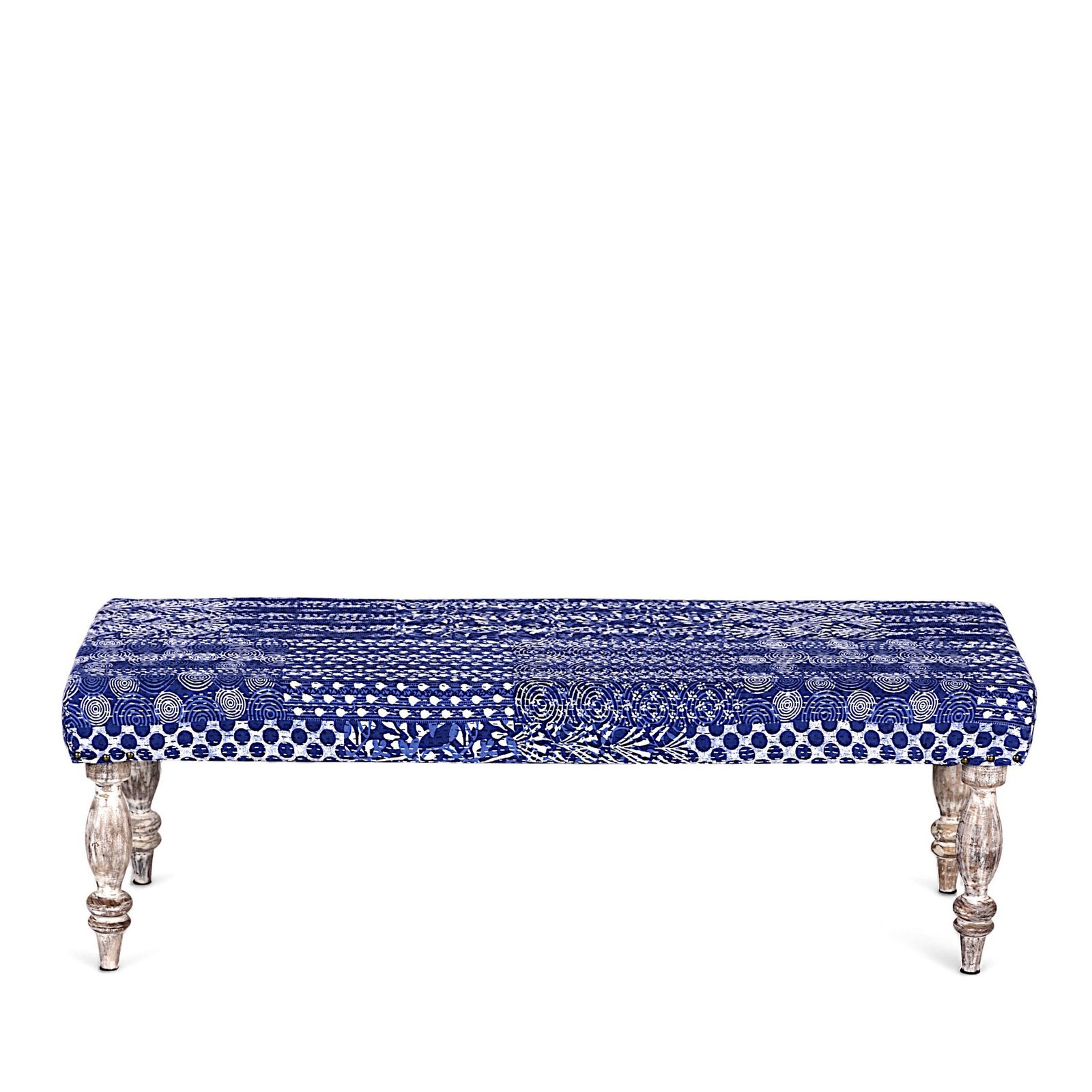 Ikiriya Cairo Sheesham Wood Mid Century 3 Seater Bench in indigo Patchwork Kantha - Image 9