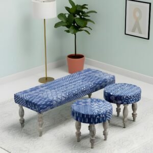 Ikiriya Cairo Sheesham Wood Mid Century 3+1+1 Seater Bench Set with 2 Stools in indigo Patchwork Kantha