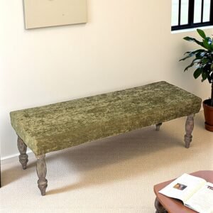Ikiriya Cairo Sheesham Wood Accent 3 Seater Bench in Green Sparkle Velvet