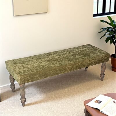 Ikiriya Cairo Sheesham Wood Accent 3 Seater Bench in Green Sparkle Velvet