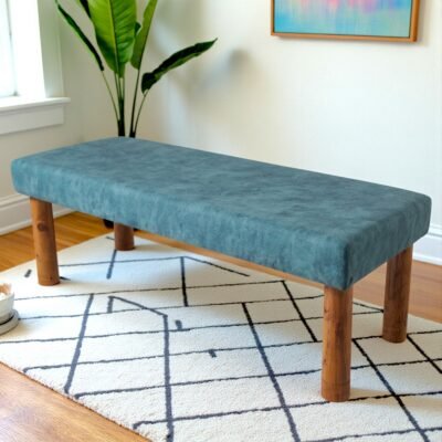Ikiriya Asteria Sheesham Wood Accent 3 Seater Bench in Blue Jacquard Work Fabric