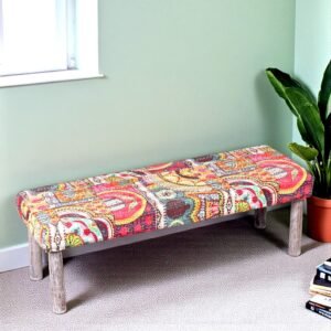 Ikiriya Asteria Sheesham Wood Bohemian 3 Seater Bench in Israel Print Patchwork Kantha