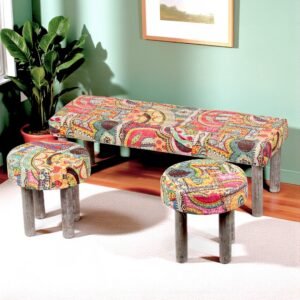 Ikiriya Asteria Sheesham Wood Bohemian 3+1+1 Seater Bench Set with 2 Stools in Israel Print Patchwork Kantha