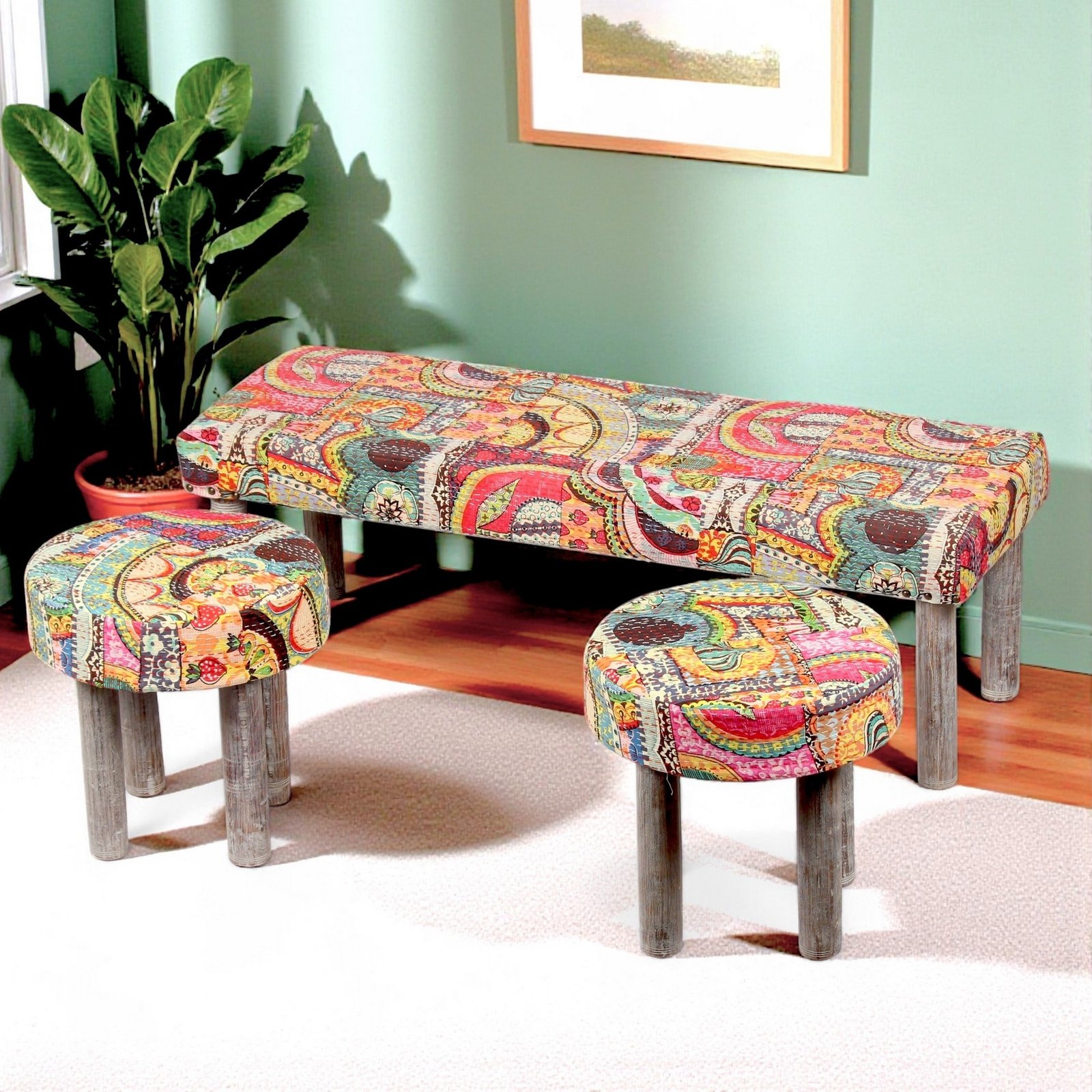 Ikiriya Asteria Sheesham Wood Bohemian 3+1+1 Seater Bench Set with 2 Stools in Israel Print Patchwork Kantha