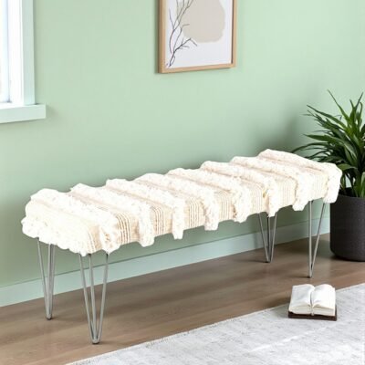 Ikiriya Belmont Sheesham Wood Mid Century 3 Seater Bench with Metal Legs in Beige Fabric with Fringes