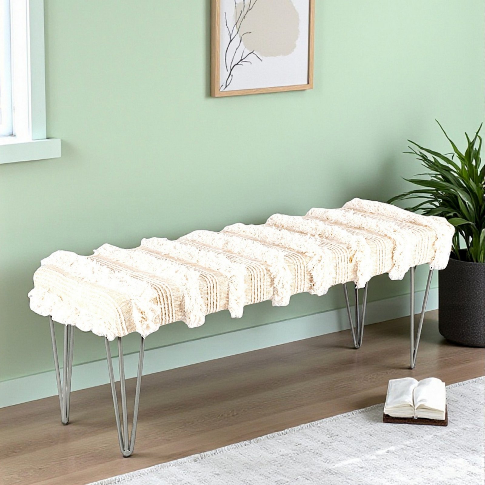 Ikiriya Belmont Sheesham Wood Mid Century 3 Seater Bench with Metal Legs in Beige Fabric with Fringes