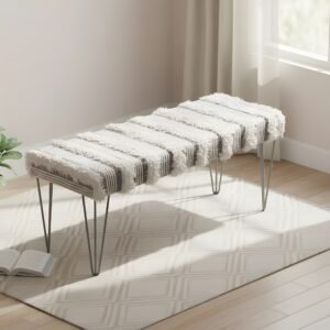 Ikiriya Belmont Sheesham Wood Mid Century 3 Seater Bench with Metal Legs in Grey Fabric with Fringes