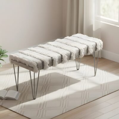 Ikiriya Belmont Sheesham Wood Mid Century 3 Seater Bench with Metal Legs in Grey Fabric with Fringes