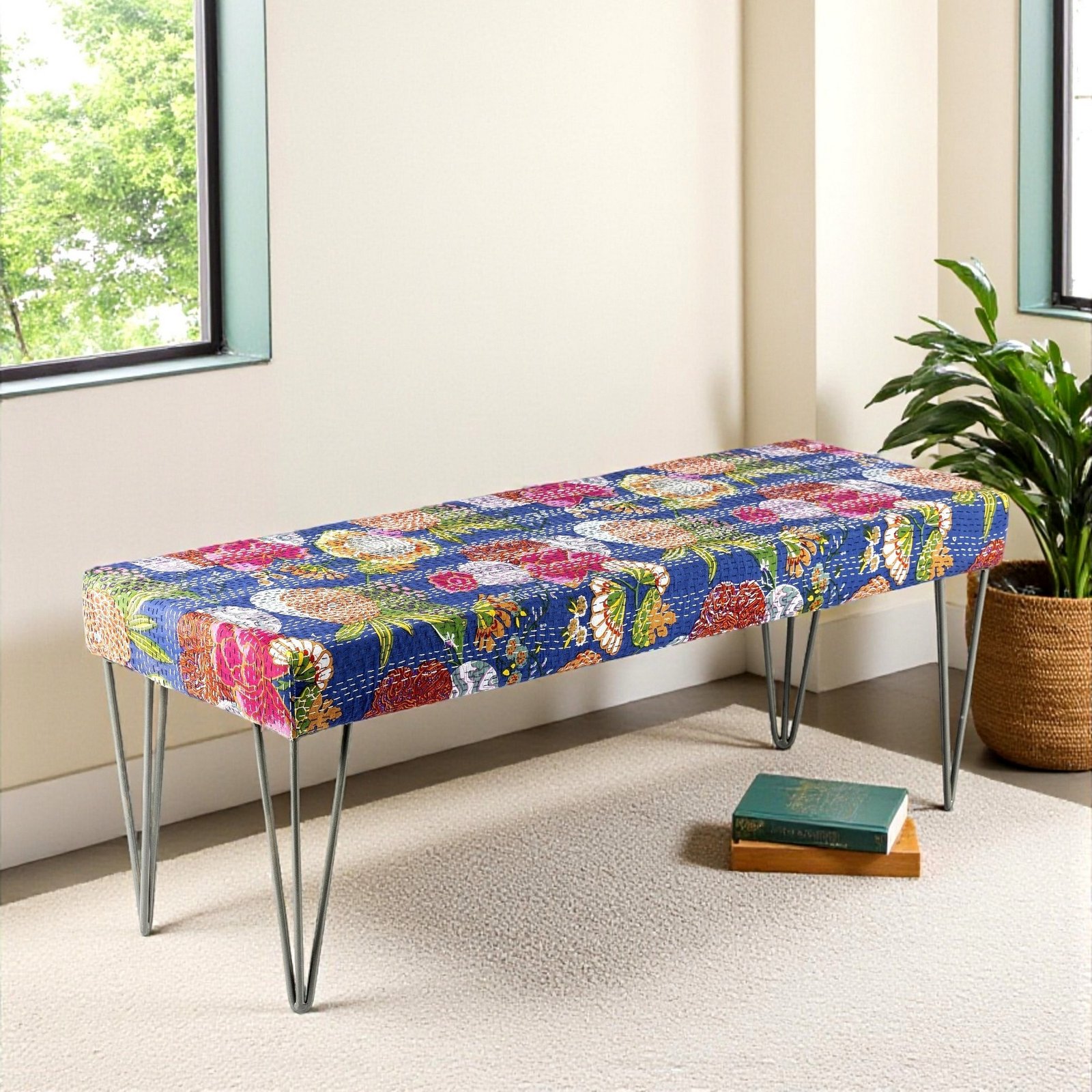 Ikiriya Belmont Sheesham Wood Mid Century 3 Seater Bench with Metal Legs in Fruit Print Blue Kantha