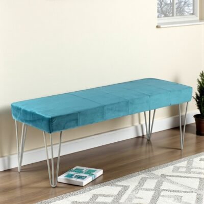Ikiriya Belmont Sheesham Wood Accent 3 Seater Bench with Metal Legs in Turquoise Sea Velvet