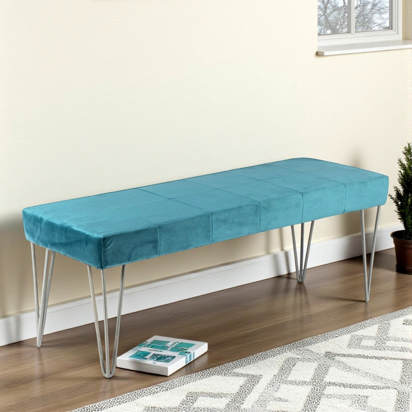 Ikiriya Belmont Sheesham Wood Accent 3 Seater Bench with Metal Legs in Turquoise Sea Velvet