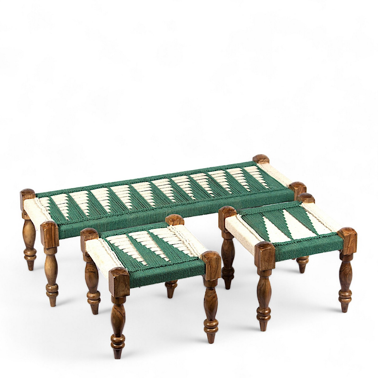 Ikiriya Hamilton Sheesham Wood Vintage 3+1+1 Seater Maachi Bench Set with 2 Stools in Green & White Rope Canning - Image 10